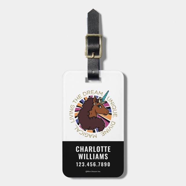 Étiquette À Bagage Afro Unicorn Living the Dream Design (Devant Vertical)