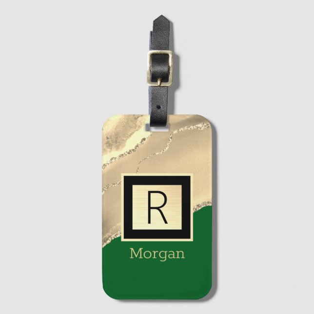 Étiquette À Bagage Agate dorée, boîte noire, nom/monogramme, vert (Devant Vertical)