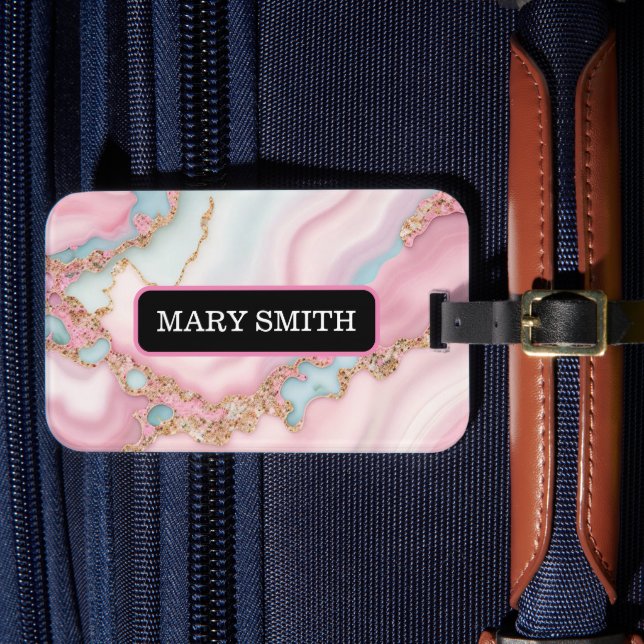 Étiquette À Bagage Agate Marble Moderne Blue Rose Gold Collection (Insitu Rectoal 4)