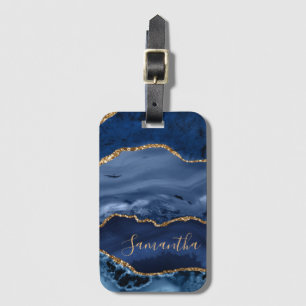 Étiquette À Bagage Agate Marbre Bleu Marine et Paillettes de Faux Or