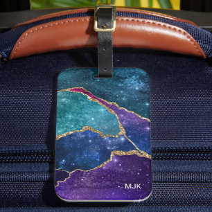 Étiquette À Bagage Agate Monogramme Veines Or Bleu Violet Aqua