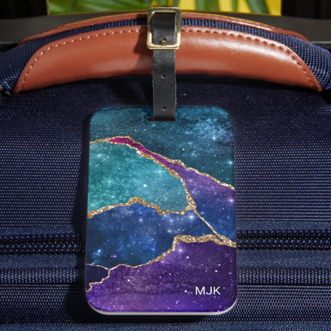 Étiquette À Bagage Agate Monogramme Veines Or Bleu Violet Aqua (Insitu Rectoal 2)