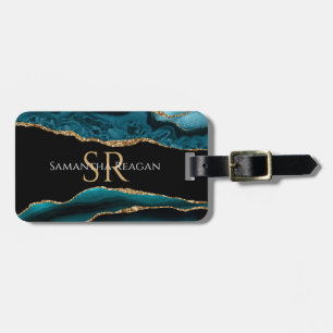 Étiquette À Bagage Agate sarcelle, noir et or, monogramme et informat