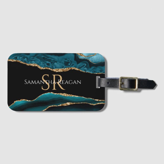 Étiquette À Bagage Agate sarcelle, noir et or, nom et monogramme DIY (Devant Horizontal)