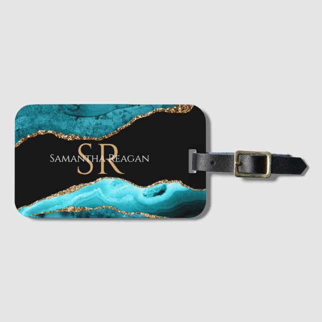 Étiquette À Bagage Agate turquoise Noir et Or, do-it-yourself Nom et  (Devant Horizontal)