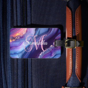 Étiquette À Bagage Agate Violet Bleu et Rose