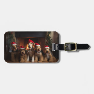 Étiquette À Bagage Airedale au coin du feu Noël