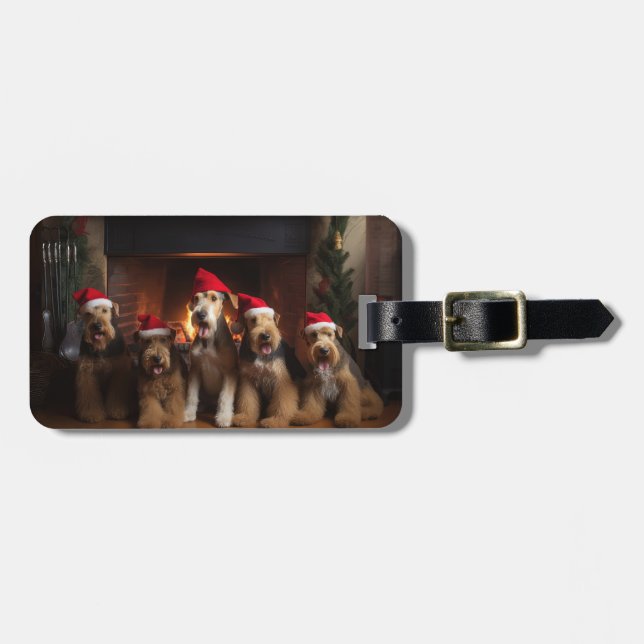 Étiquette À Bagage Airedale au coin du feu Noël  (Devant horizontal)