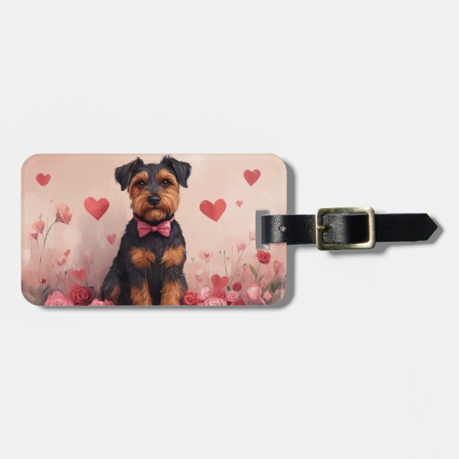 Étiquette À Bagage Airedale avec des Roses - Saint-Valentin (Devant horizontal)