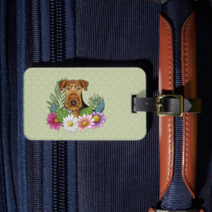 Étiquette À Bagage Airedale Terrier avec des fleurs colorées et du te