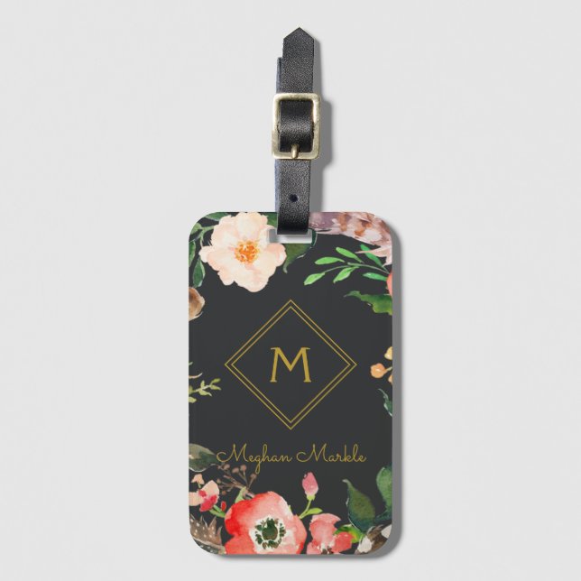 Étiquette À Bagage Ajouter le nom Personnalisé Moderne Élégant Or Flo (Devant Vertical)