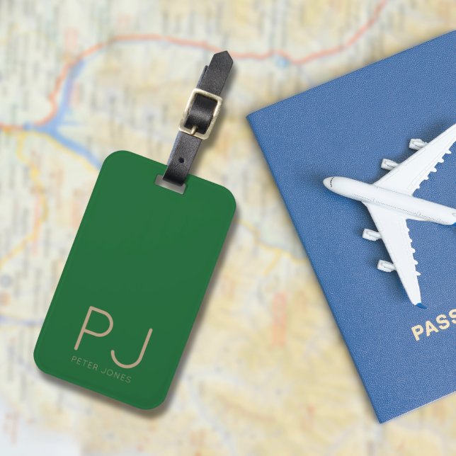 Étiquette À Bagage Ajouter un monogramme initial personnalisé simple (Initial Monogram Simple Green Personalised Luggage Tag
)