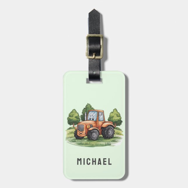 Étiquette À Bagage Ajouter Votre Nom Green Tractor Farm Aquarelle (Devant Vertical)