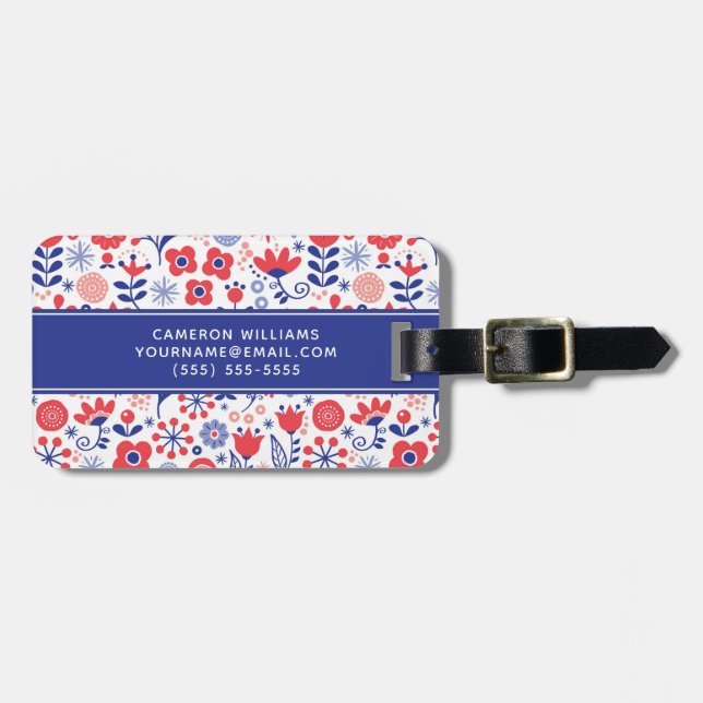 Étiquette À Bagage Ajoutez votre motif floral bleu et de corail nommé (Devant horizontal)