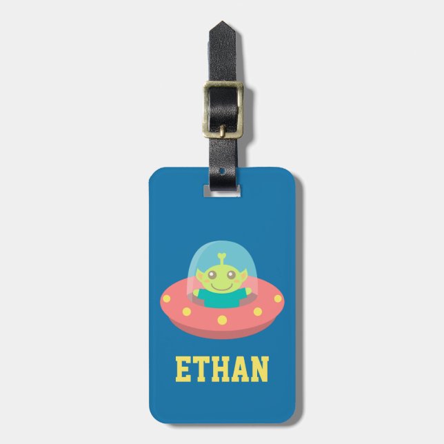 Étiquette À Bagage Alien Mignon dans un vaisseau spatial Enfant Perso (Devant Vertical)