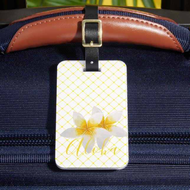 Étiquette À Bagage Aloha | Elégante Fleur Tropicale & Trellis Jaune (Insitu Rectoal 2)