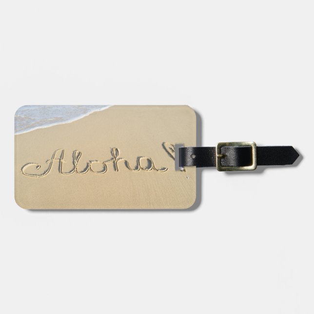 Étiquette À Bagage Aloha signe sur le sable de la plage (Devant horizontal)