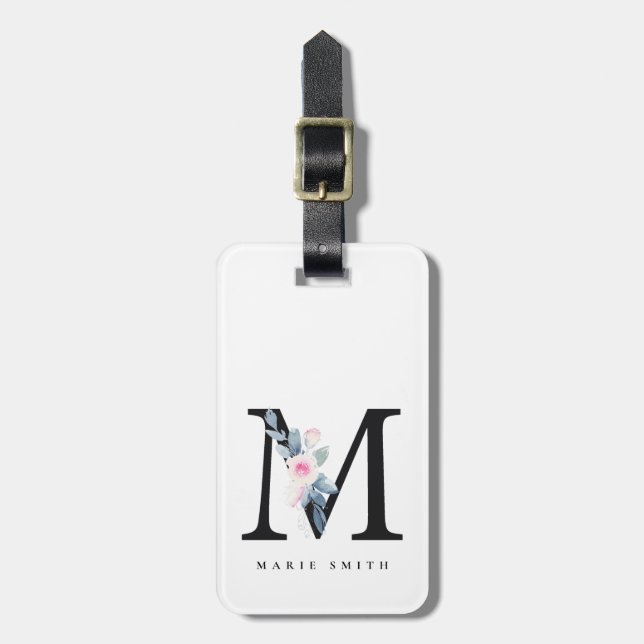 ÉTIQUETTE À BAGAGE ALPHABÈTES FLORAUX BLEUS DOUX NOM LETTRE M (Devant Vertical)