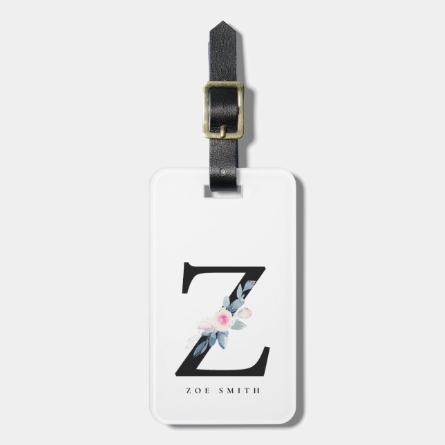 ÉTIQUETTE À BAGAGE ALPHABÈTES FLORAUX BLEUS DOUX NOM LETTRE Z (Devant Vertical)