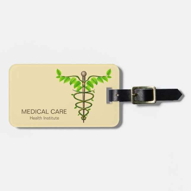 Étiquette À Bagage Alternative Médicale Caduceus Vert Feuilles Beige (Devant horizontal)