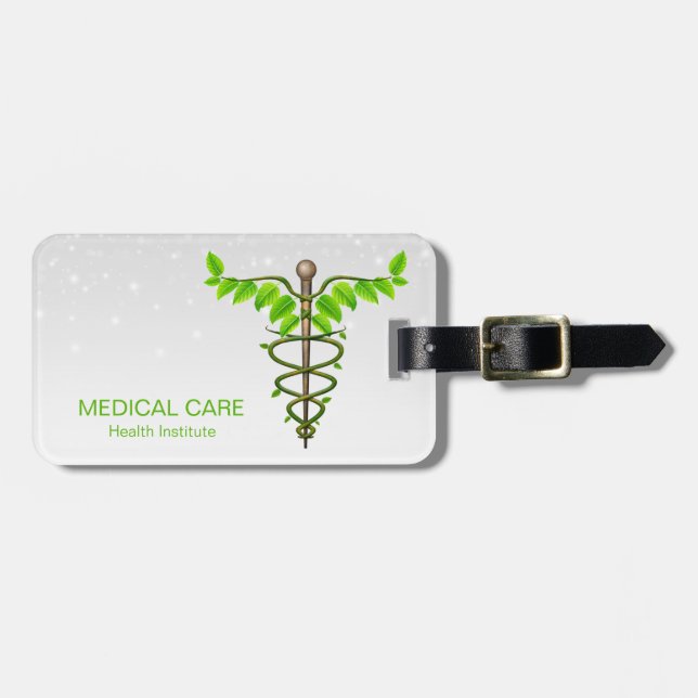Étiquette À Bagage Alternative Médicale Caduceus Vert Feuilles Blanc (Devant horizontal)