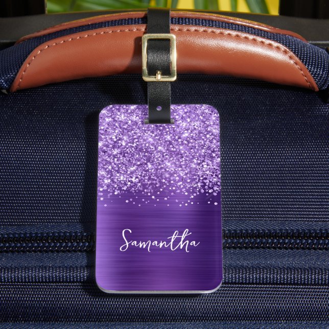 Étiquette À Bagage Améthyste Pailletée Violet Glam Script Nom (Insitu Rectoal 2)