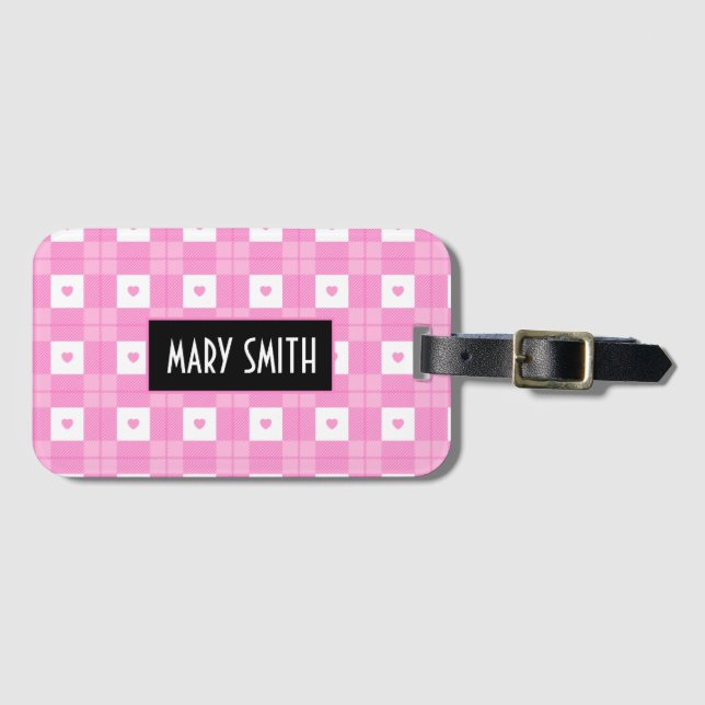 Étiquette À Bagage Amour moderne Plaid Pink Heart Collection (Devant Horizontal)