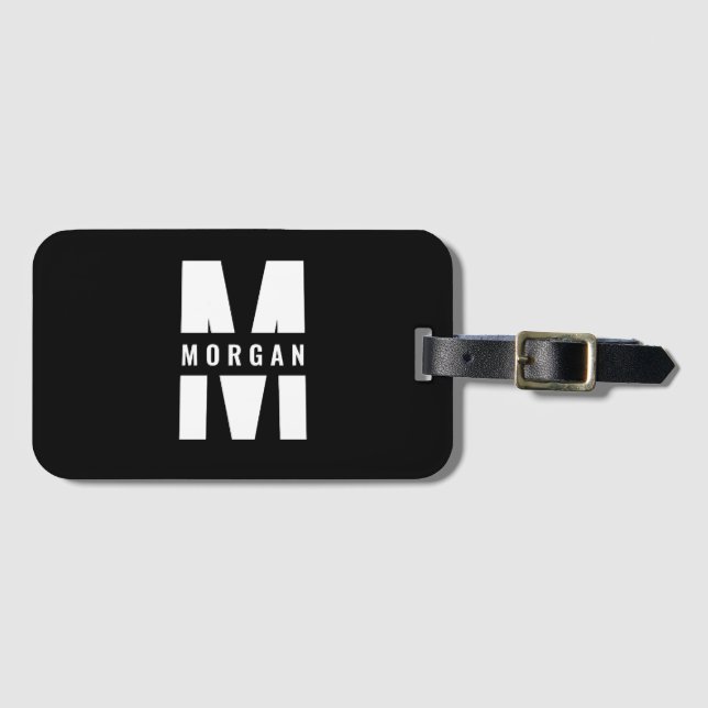 Étiquette À Bagage Amusant Chic Monogramme Nom Initial Noir Blanc (Devant Horizontal)