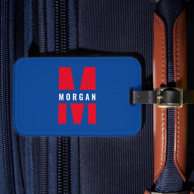 Étiquette À Bagage Amusant élégant Monogramme Nom Initial Bleu Blanc  (Insitu Rectoal 4)