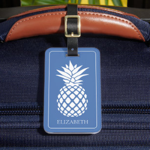 Étiquette À Bagage Ananas blanc chic sur fond bleu