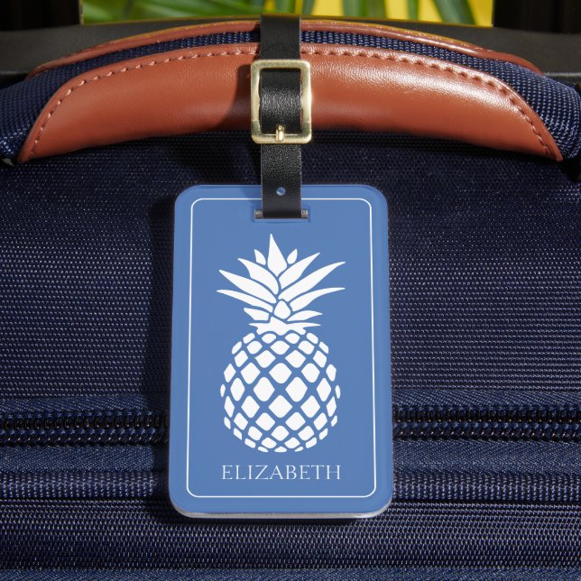 Étiquette À Bagage Ananas blanc chic sur fond bleu (Insitu Rectoal 2)