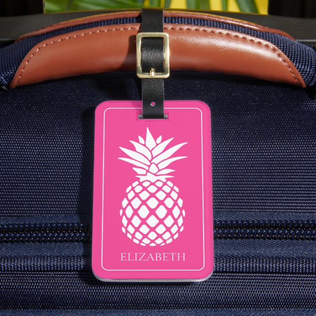 Étiquette À Bagage Ananas blanc chic sur fond rose (Insitu Rectoal 2)