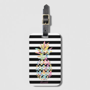 Étiquette À Bagage Ananas coloré féminin, rayures noires et blanches