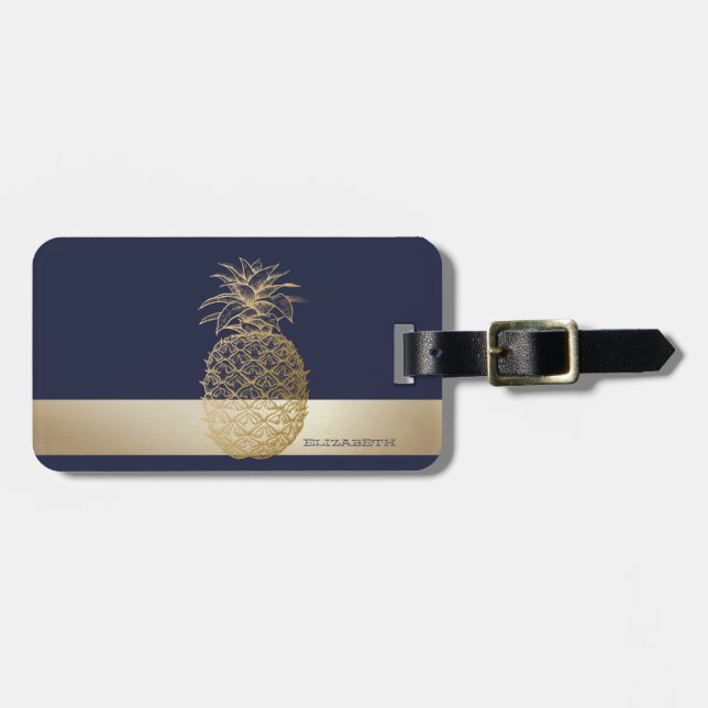 Étiquette À Bagage Ananas doré, rayure - Personnalisé  (Devant horizontal)
