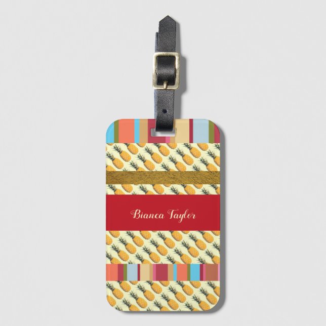 Étiquette À Bagage ananas et rayures élégantes (Devant Vertical)