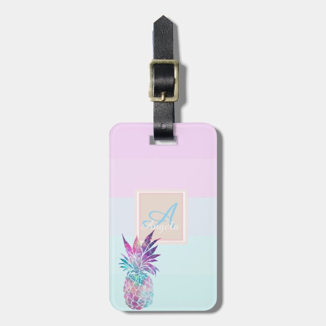Étiquette À Bagage Ananas ombré rayé personnalisé avec monogramme (Devant Vertical)