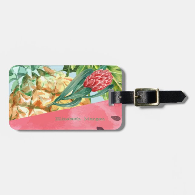 Étiquette À Bagage Ananas Pastèque Hibiscus Feuilles de Palmier Cool  (Devant horizontal)