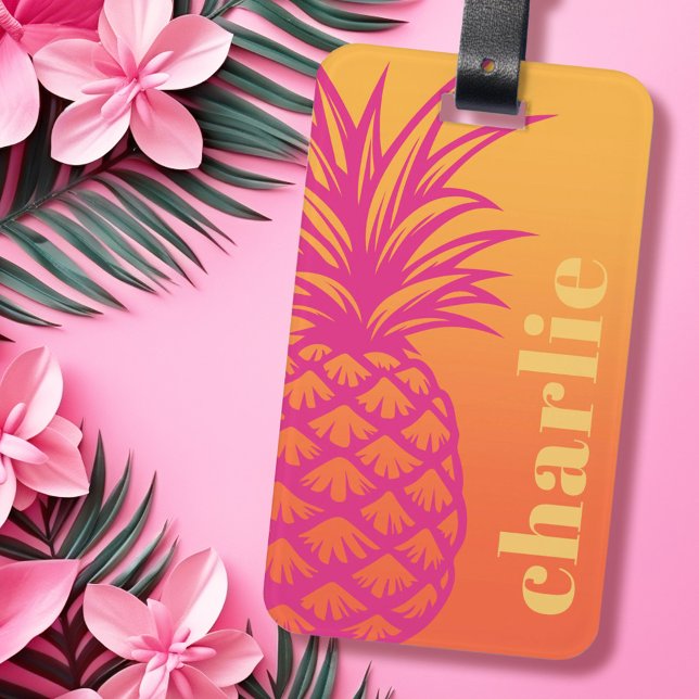 Étiquette À Bagage Ananas rose chaud orange dégradé jaune rétro (Hot pink pineapple orange yellow gradient retro luggage tag)