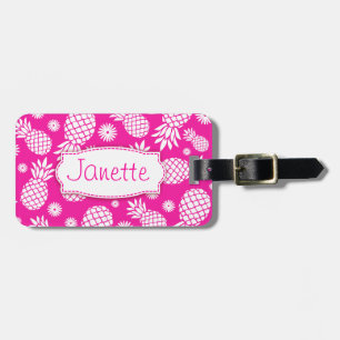 Étiquette À Bagage Ananas rose vif et fleur portant le nom de la vali