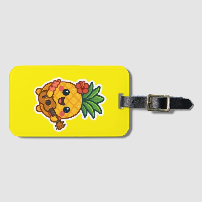 Étiquette À Bagage Ananas souriant Kawaii - Tropical (Devant Horizontal)
