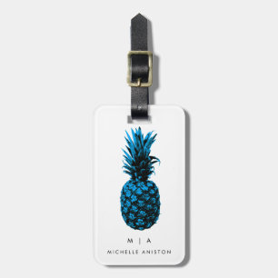 Étiquette À Bagage Ananas tendance bleu   Monogramme personnalisé