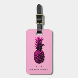 Étiquette À Bagage Ananas tendance rose noir   Monogramme personnalis