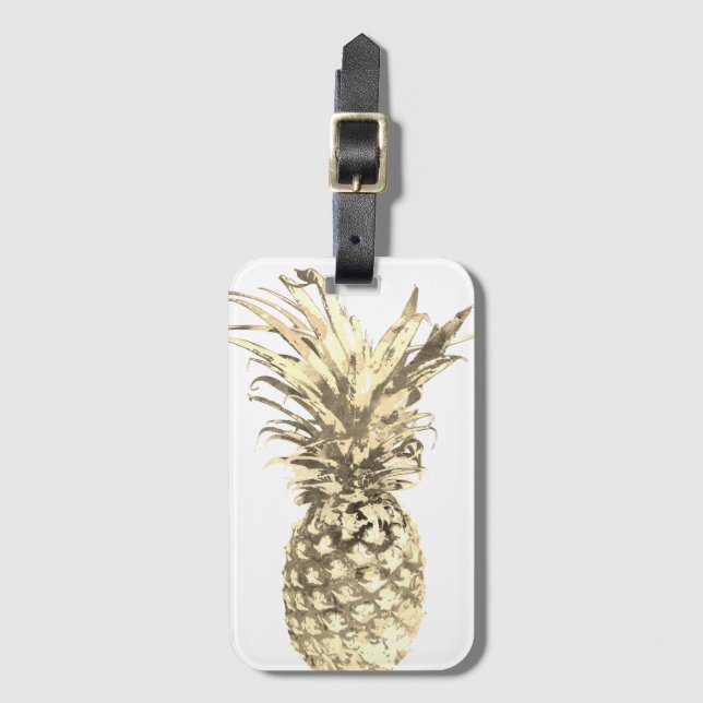 Étiquette À Bagage Ananas Tropical Gold sur blanc (Devant Vertical)