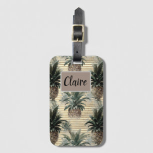 Étiquette À Bagage Ananas vintage sur huile d'or rayé