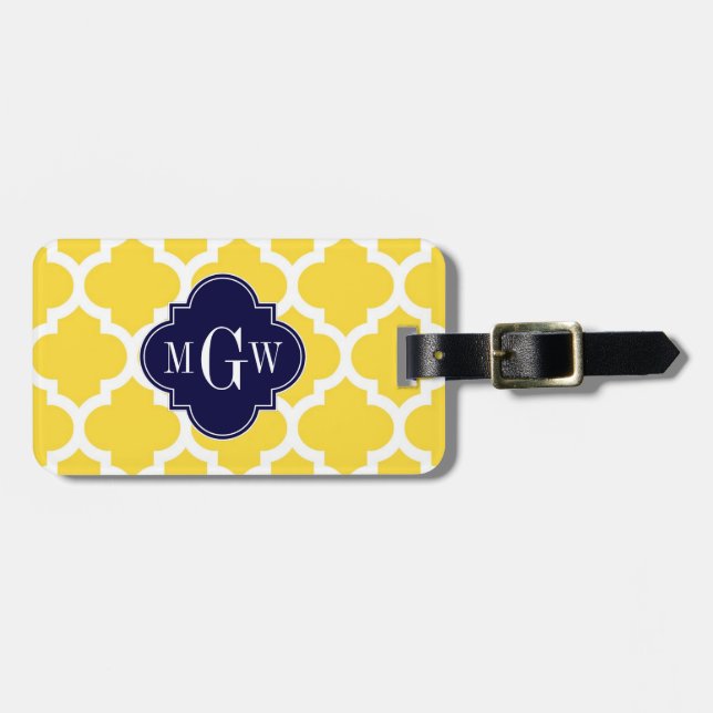 Étiquette À Bagage Ananas Wht Marocain #5 Navy 3 Initial Monogramme (Devant horizontal)