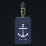 Étiquette À Bagage Ancre blanche marine et nom personnalisé sur bleu<br><div class="desc">Le numéro minimaliste moderne de bagage nautique avec ancre blanche et nom personnalisé en blanc moderne sans serif style police sur arrière - plan bleu marine.

Parfait comme cadeau pour papa,  les groomsmen et plus.</div>