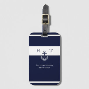 Étiquette À Bagage Ancre bleue marine Nom du monogramme côtier