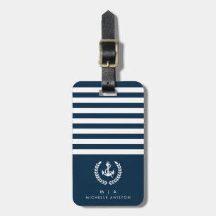 Étiquette À Bagage Ancre de bateau nautique bleu marine Monogramme