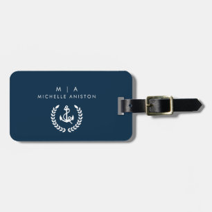 Étiquette À Bagage Ancre de bateau nautique bleu marine Monogramme