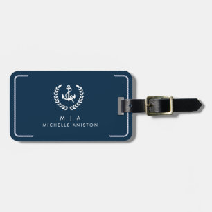 Étiquette À Bagage Ancre de bateau nautique bleu marine Monogramme